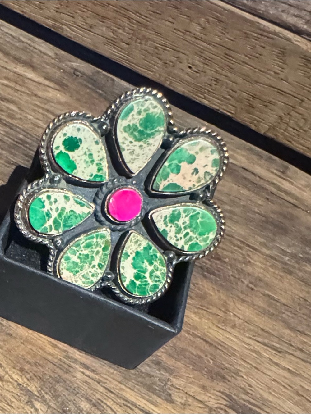 Green and hot pink sea sediment jasper copper flower adjustable Statement Ring